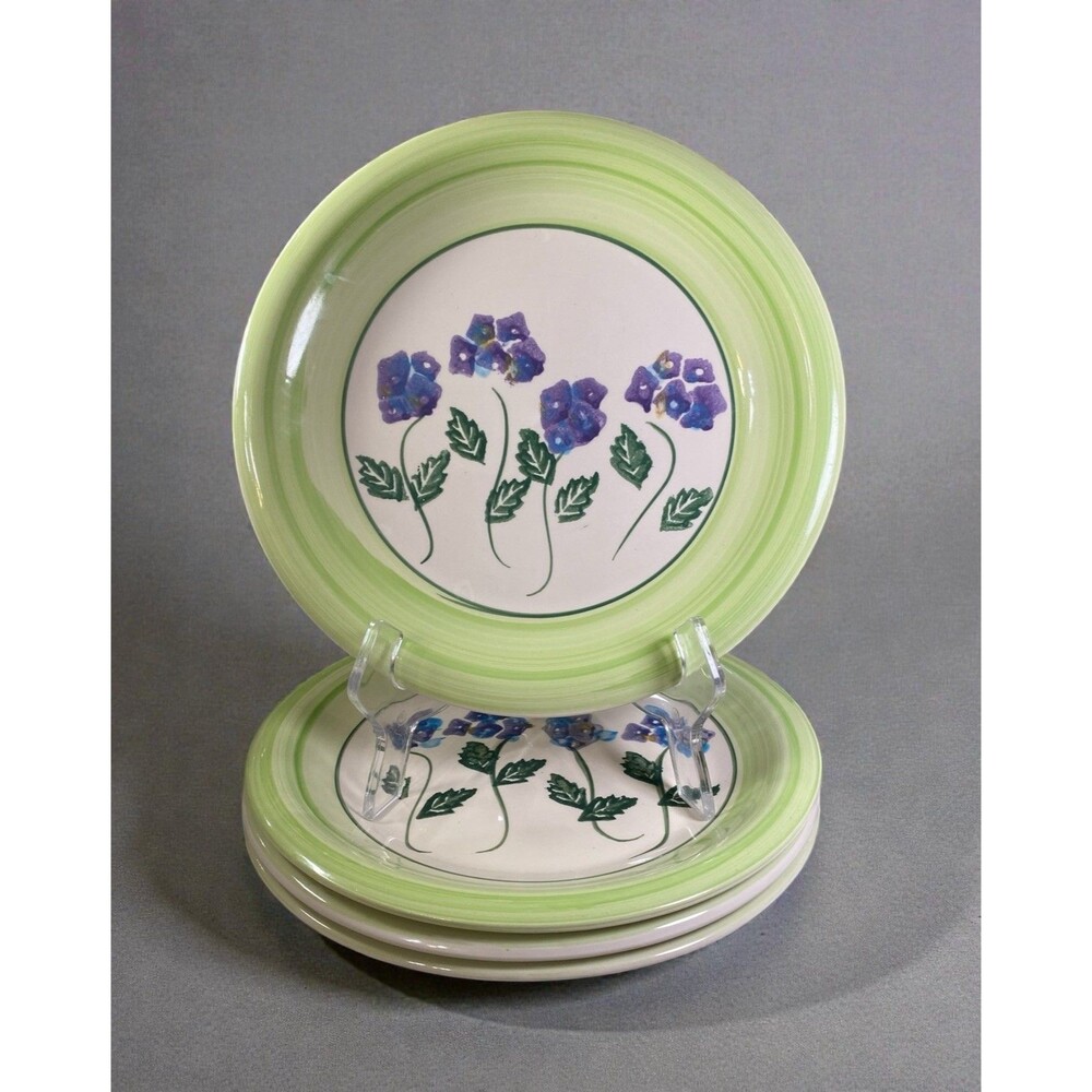 Set 4 Alco Industries Hand Painted Purple Floral Stoneware Dinner Plates 10 5/8"